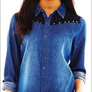 Pretty Rebellious Denim & Lace Button Down Blouse